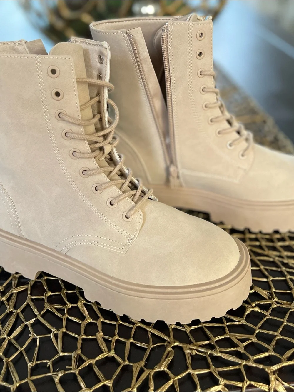 Zara Girls Suede-Like Lace-Up Platform Ankle Boots - Beige